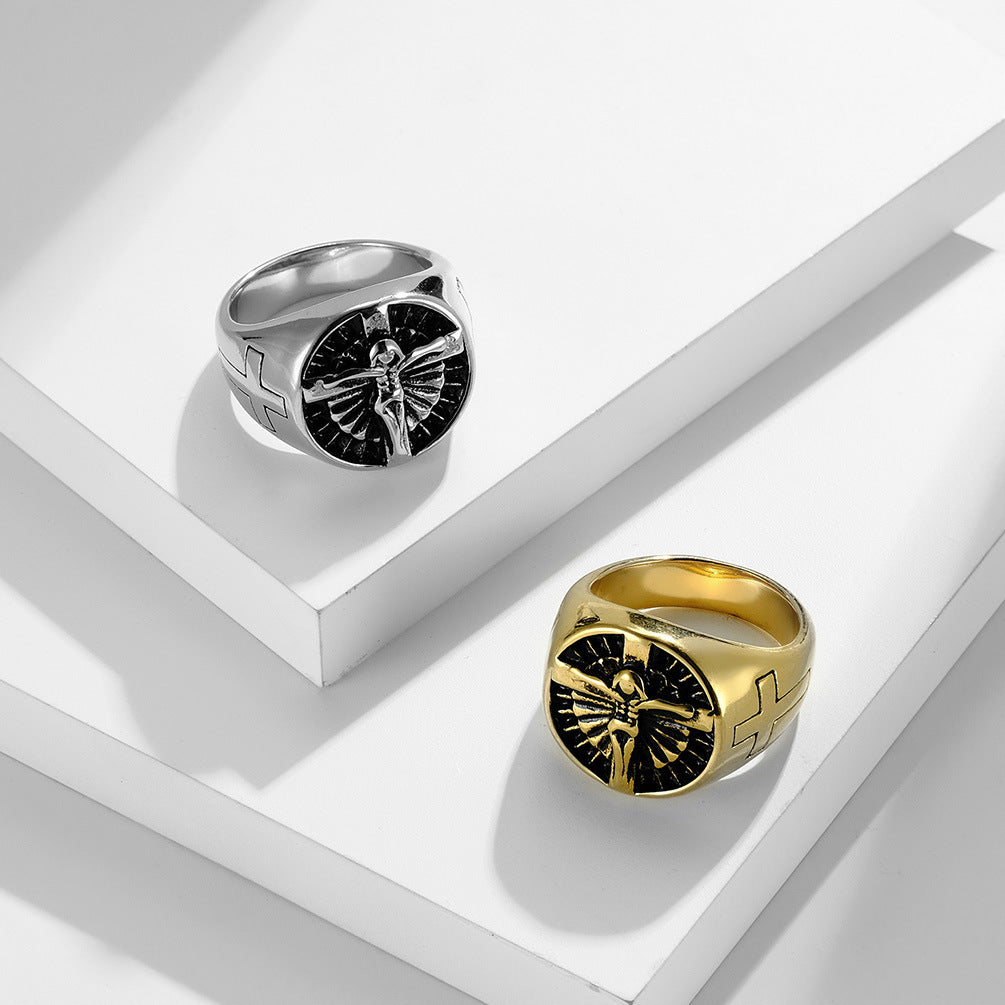 Vintage Titanium Steel Cross Mens Ring Classic European Style Stainless Jewelry Elegant Durable Jewelry Men UK