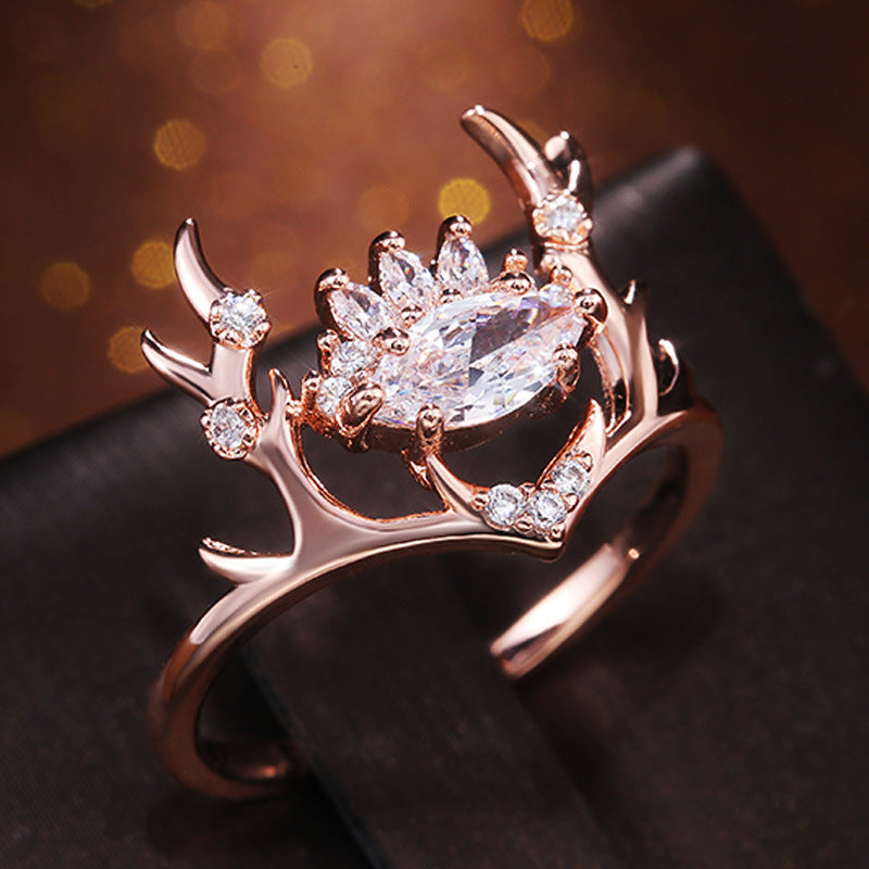 Elk Antler Ring Animal Design With Zircon Inlay Gold Plated Rose Gold Copper Ring For Women Size 6 7 8 9 10 No