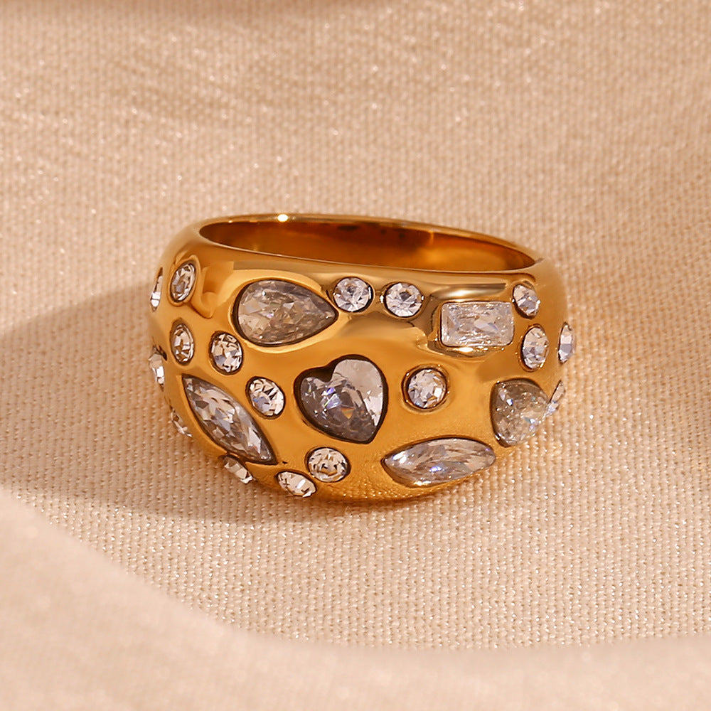 Timeless Beloved Heart Zircon Dome Ring Stainless Steel Electroplated Gold White Finish For Her Fashion Jewelry
