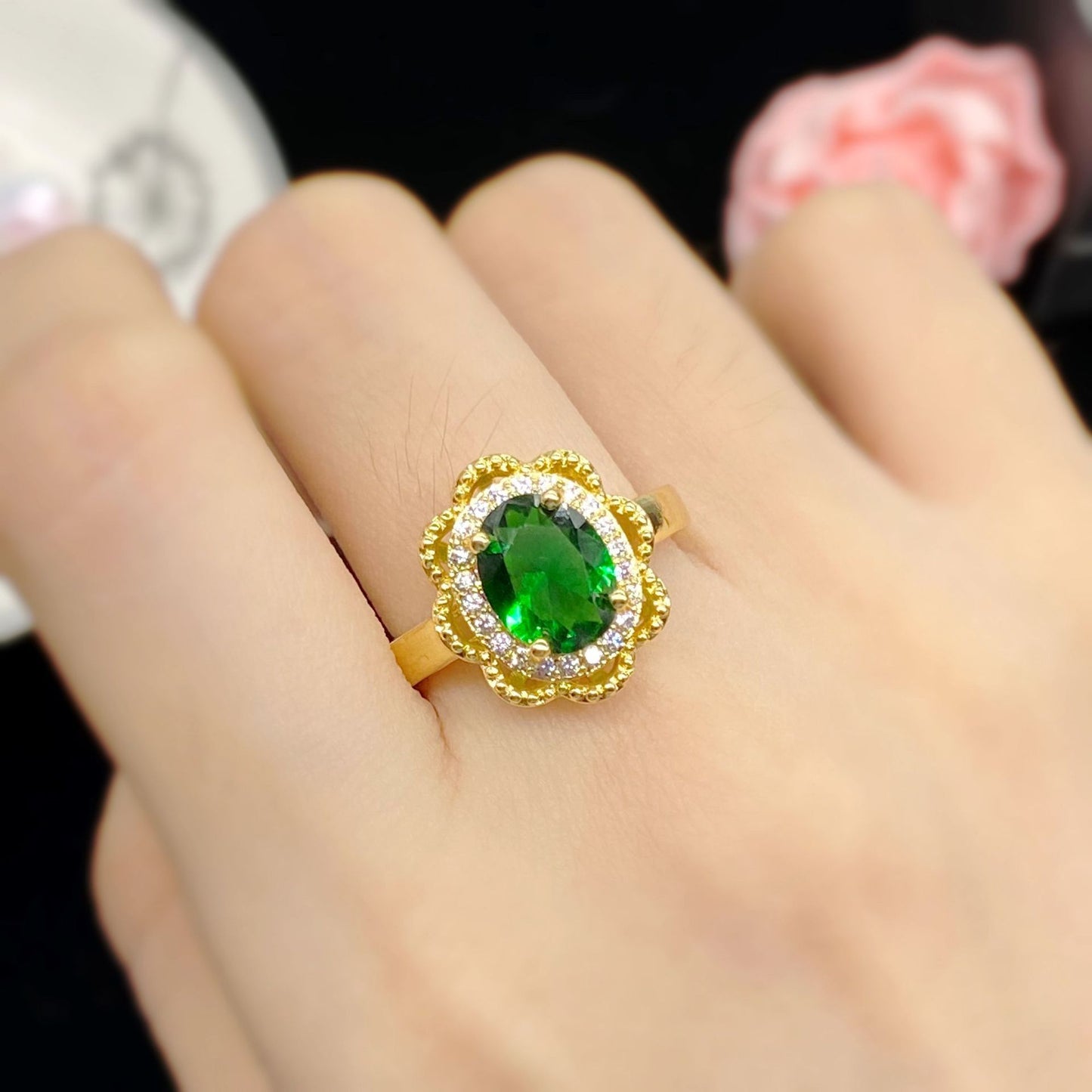 Womens Adjustable Gold Plated Copper Ring Emerald Green Simulated Diamond Hollowed Flower Geometric Design Lux