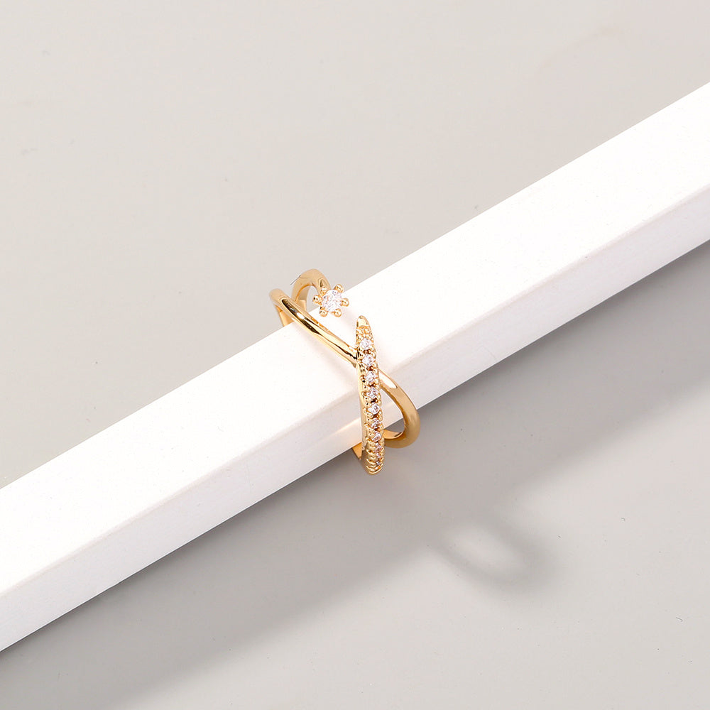 Copper Ring Adjustable Open Design European Inspired Cross Zircon Accent Electroplated Band Gift For Her Style