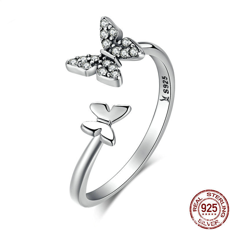 Sterling Silver Double Butterfly Ring With Gem Inlay Adjustable Opening Unisex Jewelry Gift With Diamond Stone