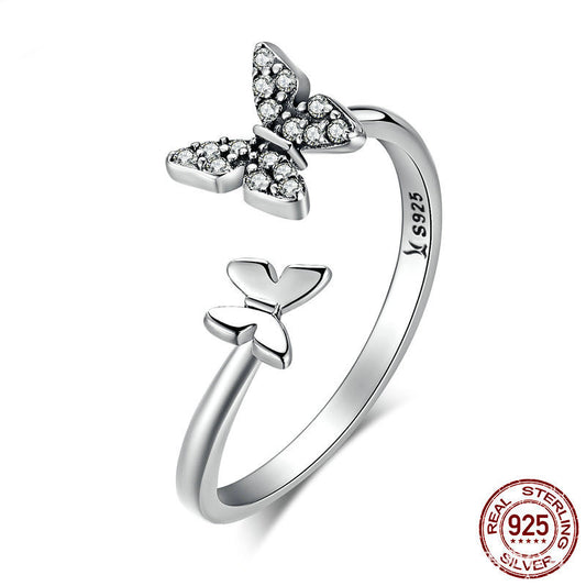 Sterling Silver Double Butterfly Ring With Gem Inlay Adjustable Opening Unisex Jewelry Gift With Diamond Stone