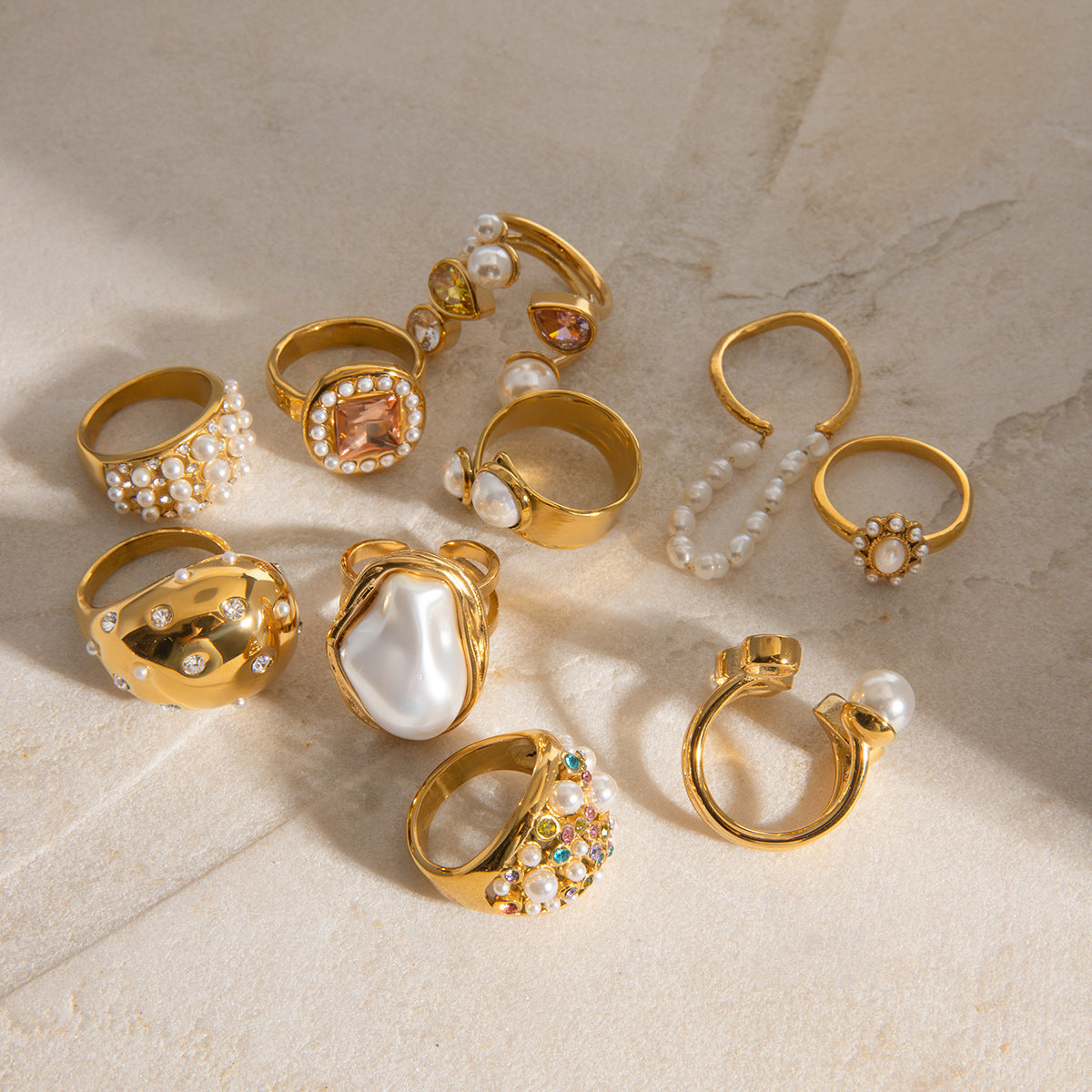 Women Ring Stainless Steel Pearl Eye Catching Geometric Round Electroplated European American Trendy Fashion Accessory