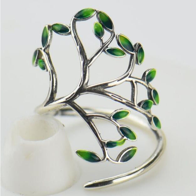 Copper Adjustable Ring With Green Leaf Twig Design Inlaid Zircon Gem Ethnic Style Travel Gift For Everyday Wear