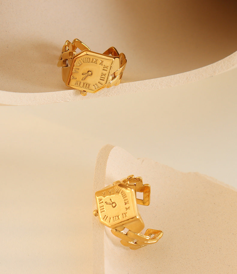 Open Ring Clock Design Copper Ring Adjustable Opening For Women Fashion Jewelry Gift Steel Or Gold Color For Her