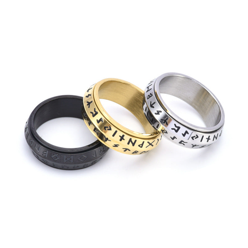 Mens Titanium Steel Rotatable Rune Ring With Viking Style Inlays For Men Geometry Silver Gold Black Durable Craft