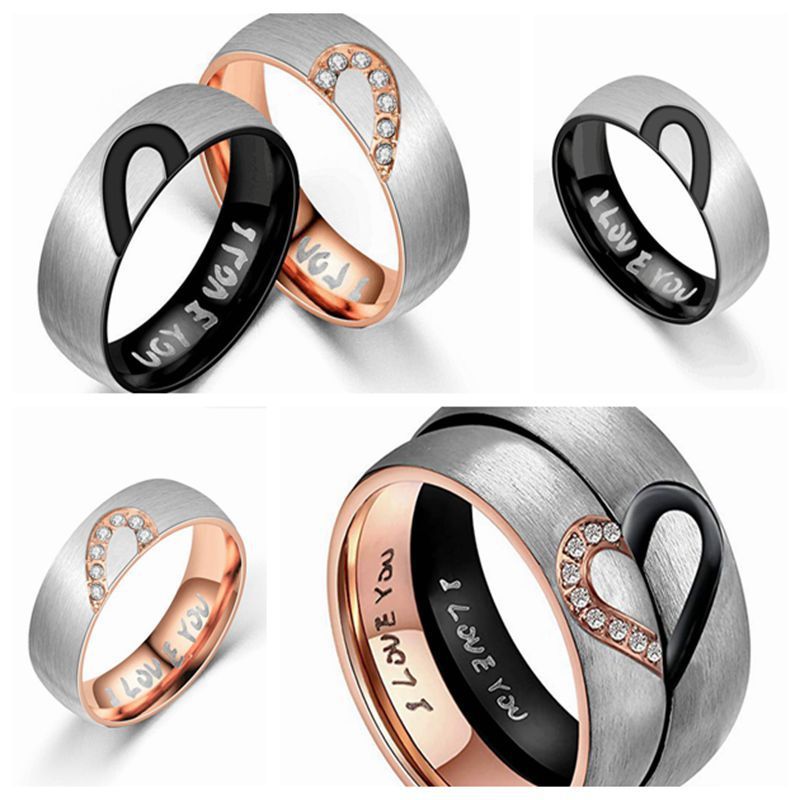 Half Heart Stainless Steel Ring Inlaid Gemstones Gold Plated European American Style Jewelry 6mm Wide Nice Gem