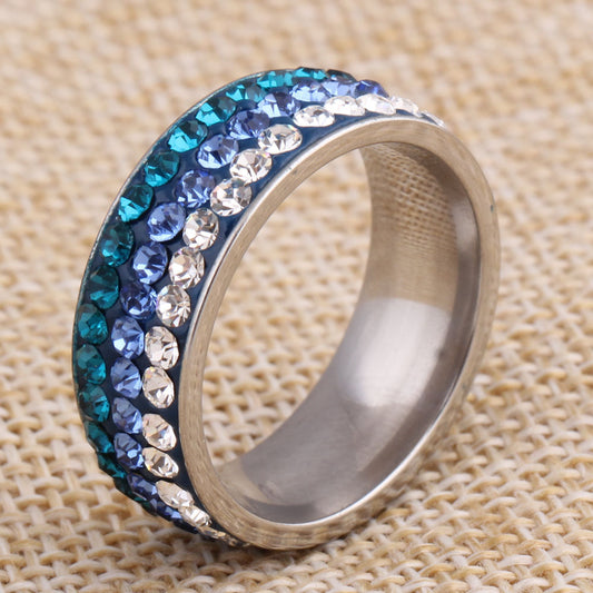 Womens Three Row Diamond Ring In Stainless Steel Titanium With Rhinestones Geometric Stripe Daily Wear Jewelry