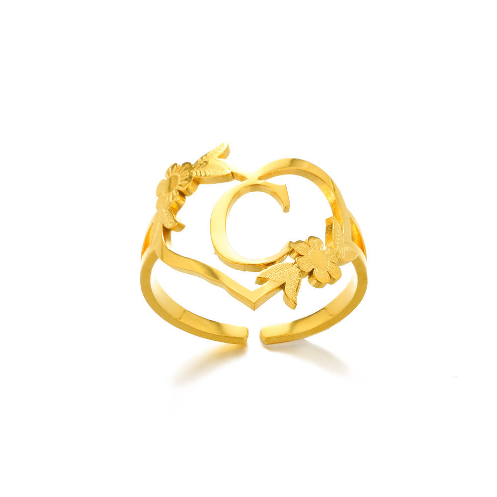 Heart Shaped Initial Rings Women Adjustable Stainless Steel Letters Ring Unisex European Design Letters Numbers