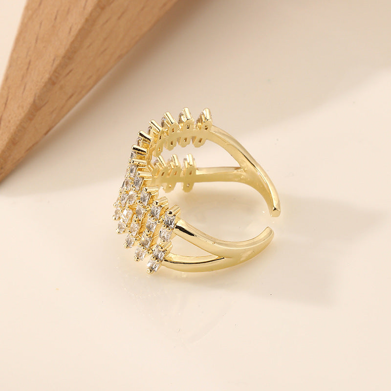 Adjustable Copper Zircon Ring For Women Gold Tone Line Geometry Ins Style Elegant Jewelry For Daily Wear Needs