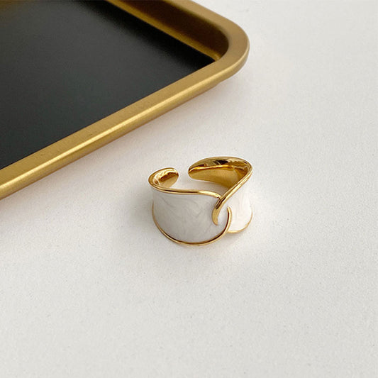 Womens French Retro Drip Glaze Enamel Ring Geometric Gold