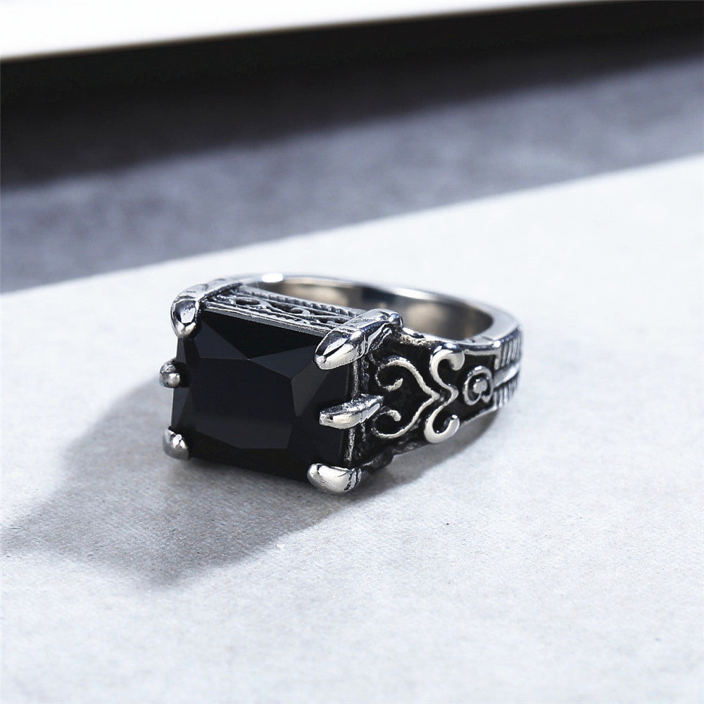 Mens Titanium Steel Ring With Square Black Onyx Stone Retro Band For Him Sizes 7 8 9 10 11 12 Durable Everyday Wear
