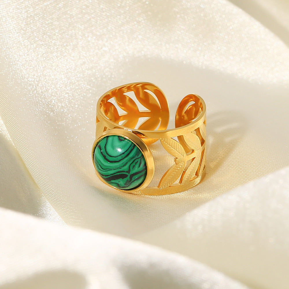 Gold Titanium Steel Ring With Turquoise Inlay Geometric Laser Flower Opening Adjustable Fashion Jewelry Elegant Trend