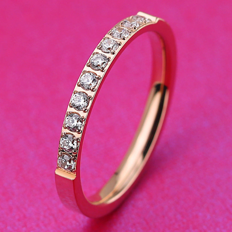 Titanium Steel Rose Gold Diamond Ring With Zircon Stone