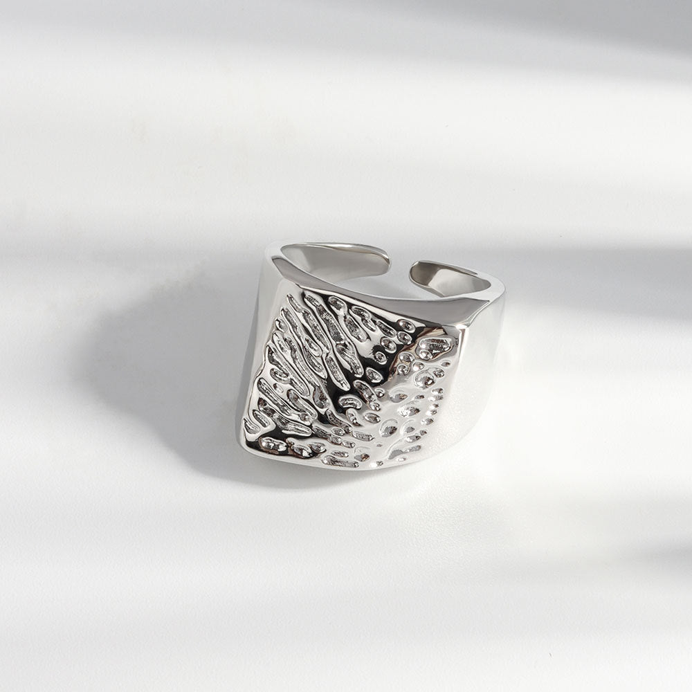 Womens Adjustable Copper Ring With Irregular Texture Geometric Design Ring Trendy Unique Electroplated White Gold