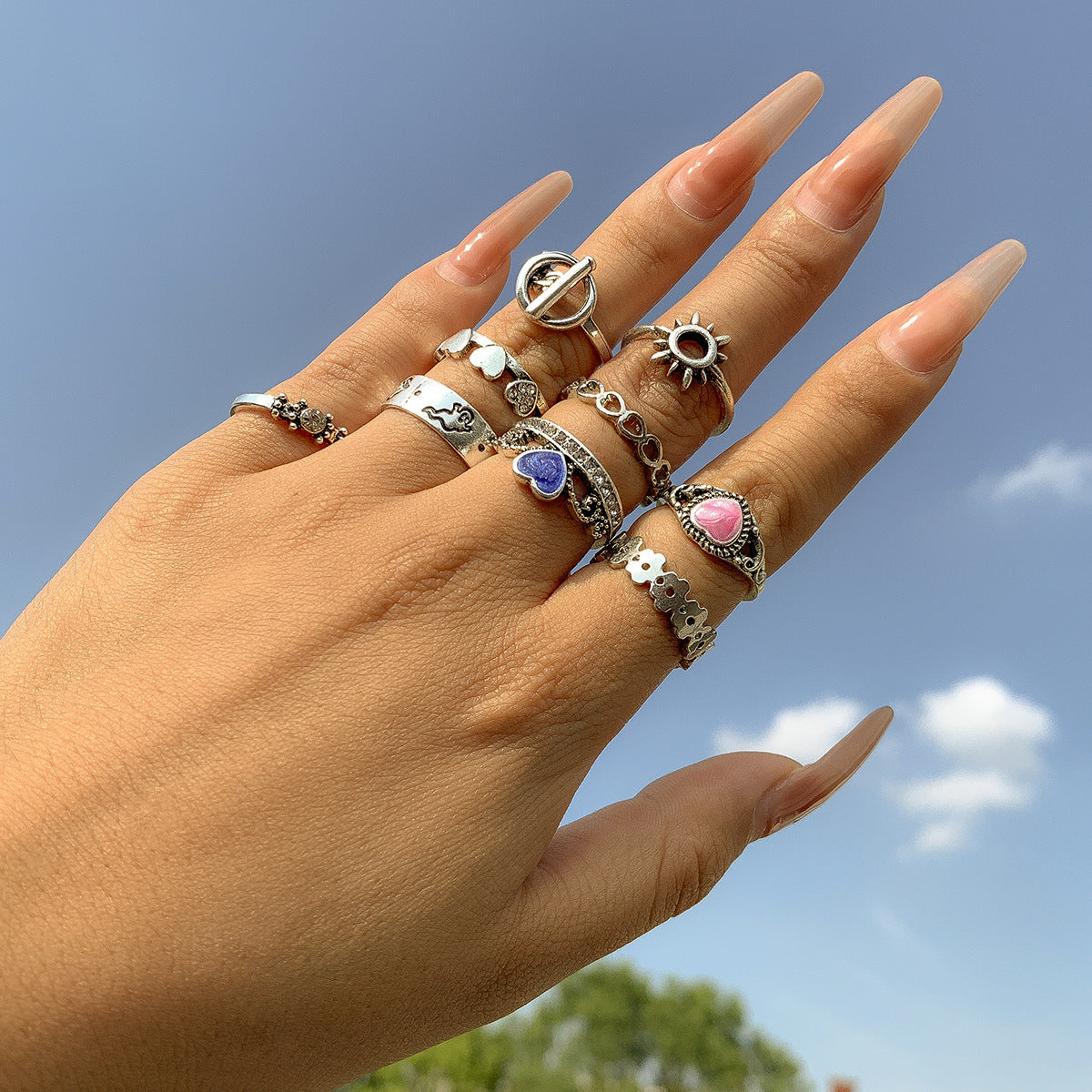 Punk Multi Element Stacking Hollow Heart Shaped Ring Gold Plated Geometry Bohemia Ethnic Retro Metal Alloy Set