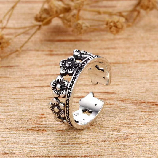 Ancient Silver Daisy Openwork Ring Adjustable Opening Vintage Korean Retro Fashion Ring For Women Elegant Ring