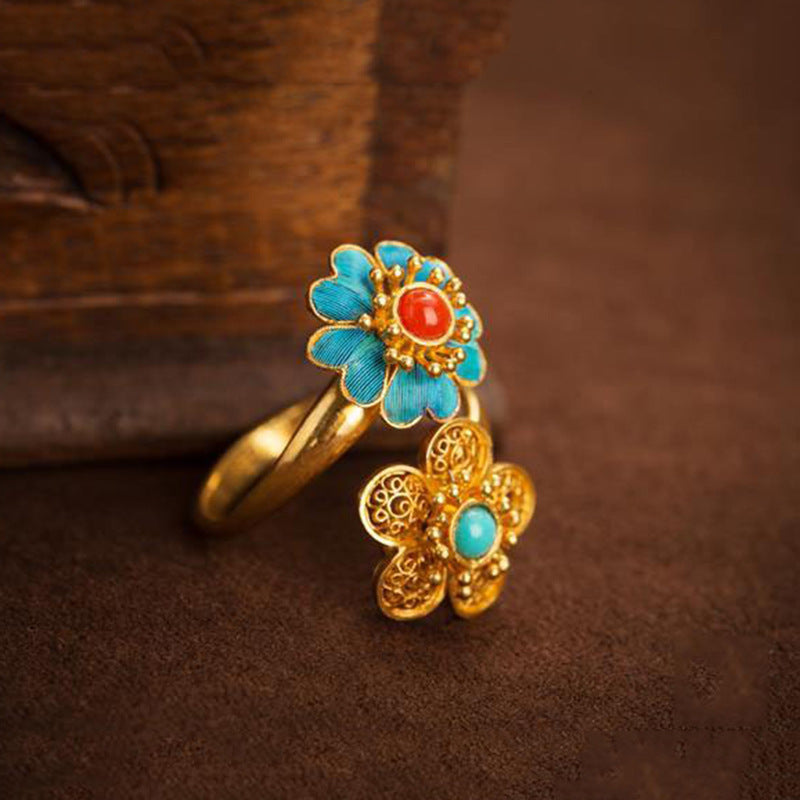 Womens Natural Red Agate Ring with Double Flower Hetian Jade Vintage Court Design Adjustable Opening Fashion Ring National Style Jewelry Gift for Her