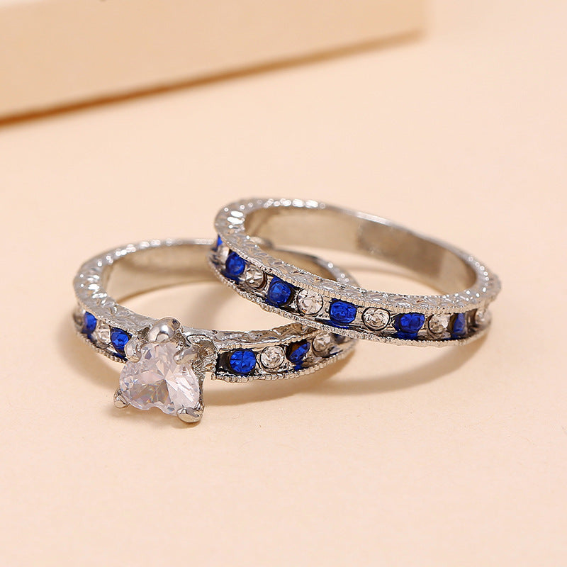 New Simple Retro Two Piece Set Diamond Love Heart Shape Ring For Unisex KC Gold Sapphire Blue Alloy Ring X2pcs