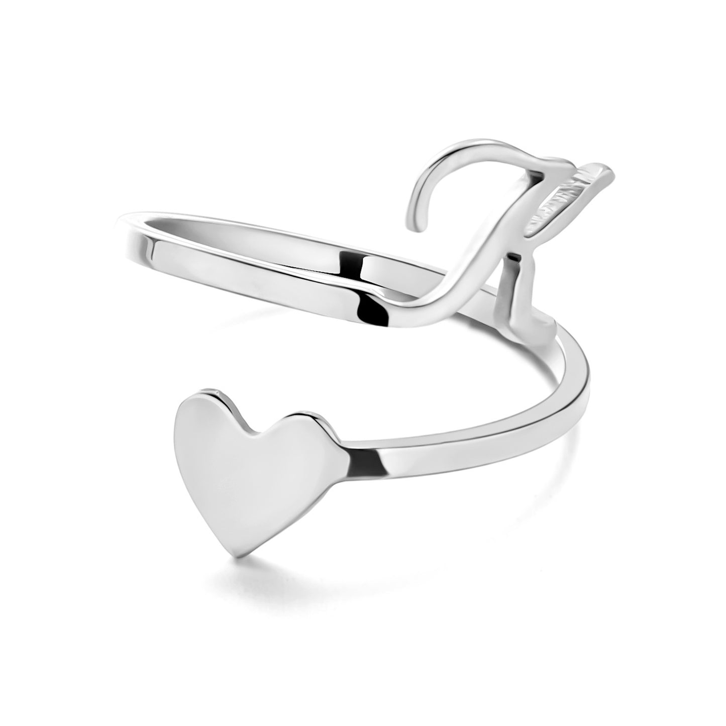 Womens Initial Letter Ring Adjustable Stainless Steel Heart Design 3D Open Heart Electroplated Fashionable Chic