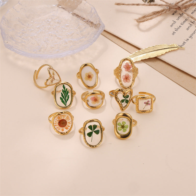 Stainless Steel Preserved Fresh Flower Ring Adjustable Unisex Jewelry Electroplated Elegant Bloom Design Everyday Use