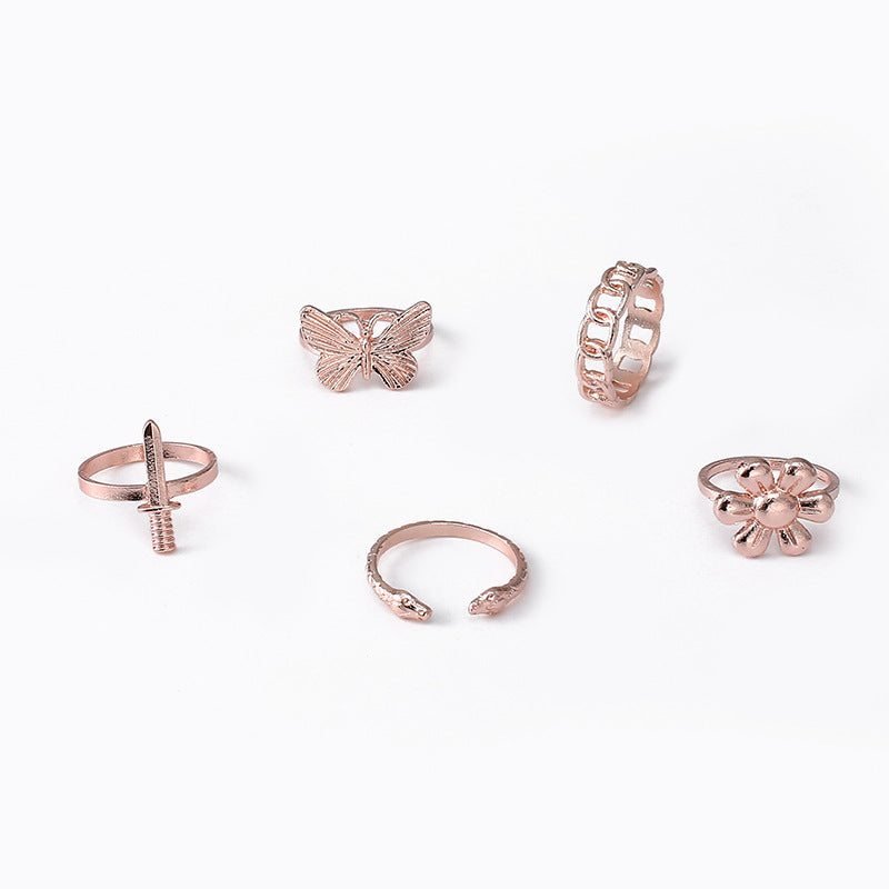 Unisex Flower Ring Set Of 5 Alloy Rings European American Fashion Jewelry For Women And Men Trendy Gift Deluxe