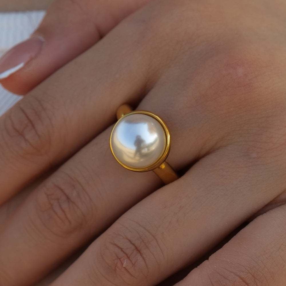 Womens 18K Gold Stainless Steel Ring With Pearl Geometric Design Non Fading Ornament Fashion Jewelry For Women