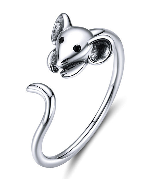 Sterling Silver Animal Ring Cute Mouse Inlaid Gemstone Geometric Ring For Women Girls Thin Band S925 Ring Ring