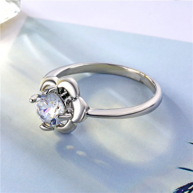 Women Titanium Steel Ring Six Claw Zircon Alloy Inlaid Gemstone Round White Ring For Everyday Wear Size 6 7 8