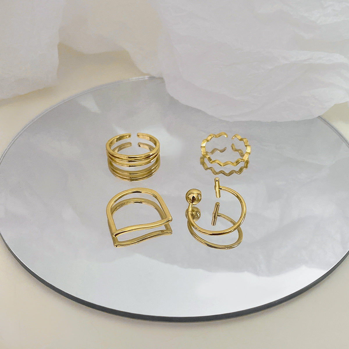 Womens Four Piece Copper Geometric Ring Set European American Fashion Jewelry Durable Electroplated Accessory Everyday