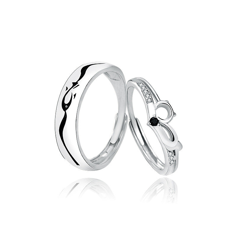 Sterling Silver Cat And Fish Couple Ring Set Matching Anniversary Band For Him And Her 925 Silver Gift For Two