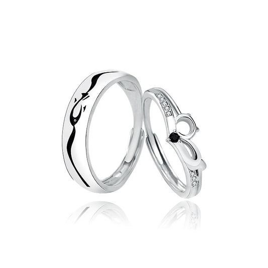 Sterling Silver Cat And Fish Couple Ring Set Matching Anniversary Band For Him And Her 925 Silver Gift For Two