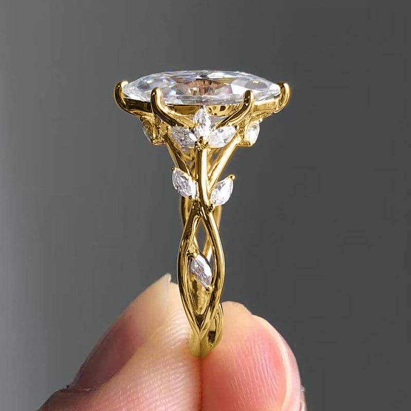 Zircon Ring Female Court Leaf Vine Design Inlaid Zircon Copper Band Leaves White Blue Red Green Purple Size Six