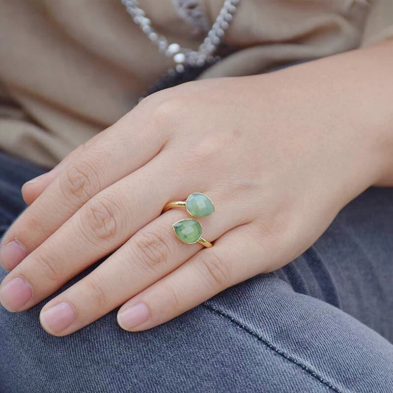 Bohemian Australian Jade Rings Handmade Stone Ring Adjustable Opening Statement Ring for Women Fashion Jewelry