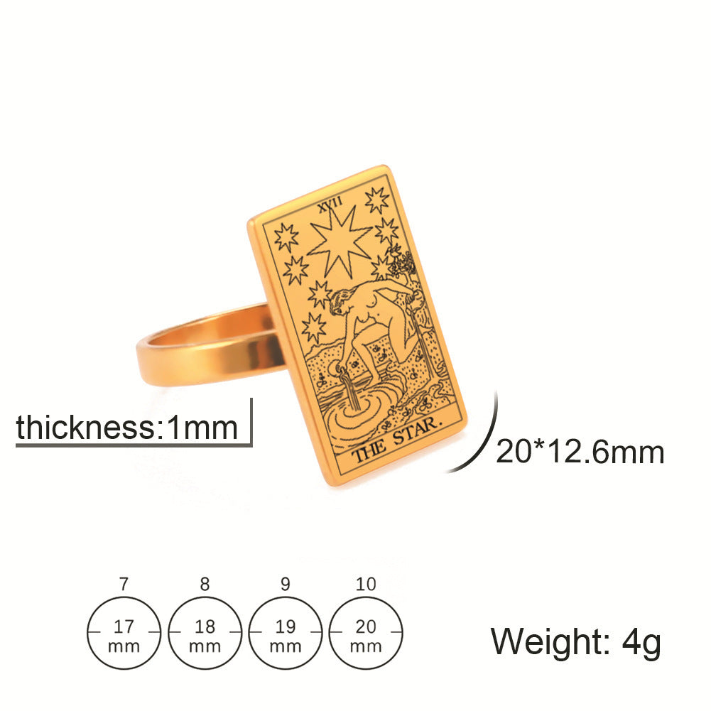 Unisex Tarot Card Ring Stainless Steel European American Patterned Jewelry Travel Souvenir Gift Accessory Men Women