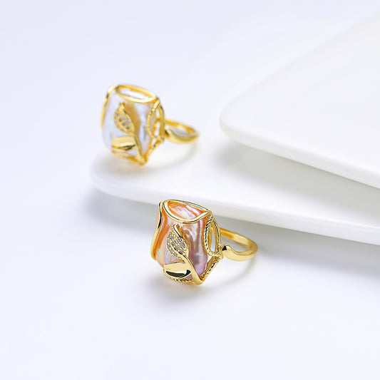 Geometric Baroque Freshwater Pearl Ring Inlaid Open Adjustable Jewelry Statement Piece Elegant Design Classics