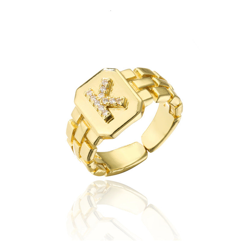 Womens Adjustable Letter Ring 18K Gold Plated Zircon Initial Alphabet Ring Jewelry For Her Elegant Everyday Accessory