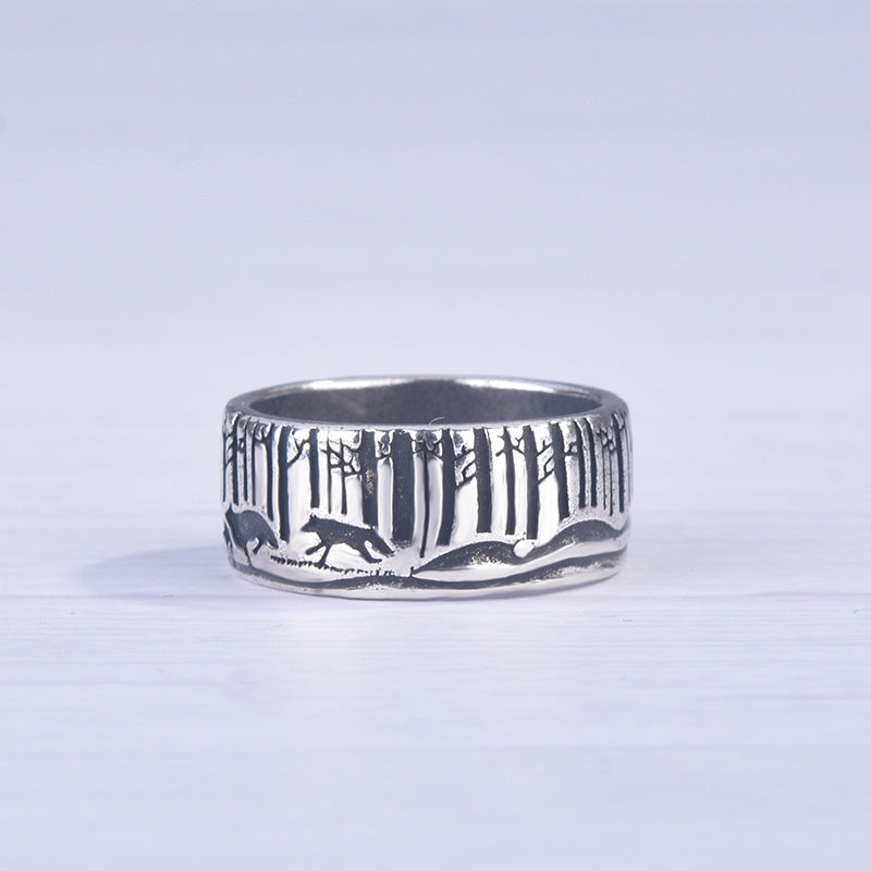 Unisex Copper Ring Electroplated Animal Zodiac Ring Silver Black Finish Running Woman With Wolves Design Style