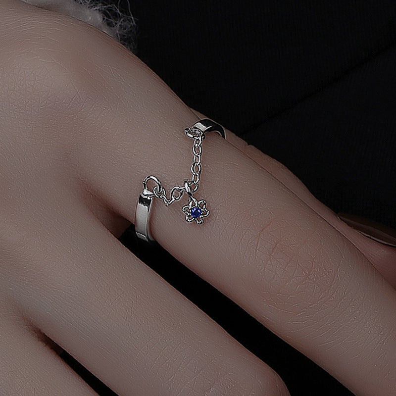 Star Zircon Inlaid Copper Ring with Tassel and Blue Accent Korean Fashion Jewelry Gift for Women Elegant Style