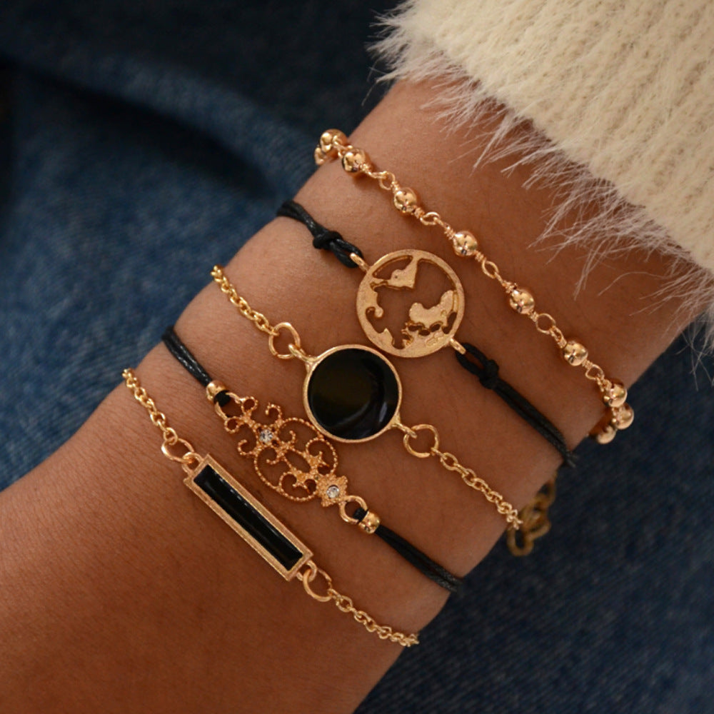 Five Piece Alloy Bracelet Set Bangle With Dripping Oil Rectangular Diamond Map And Letter Number Text Design Style