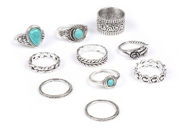 Turquoise 10 Piece Set Joint Combination Ring Inlaid Gem Antique Silver Female Couple Style Cloud Pattern Ring
