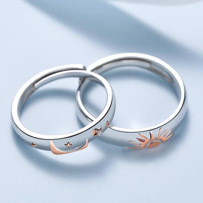 Adjustable Couple Rings Japanese Korean Geometry Design Gold Plated With Artificial Gems Sun And Moon Gift Set