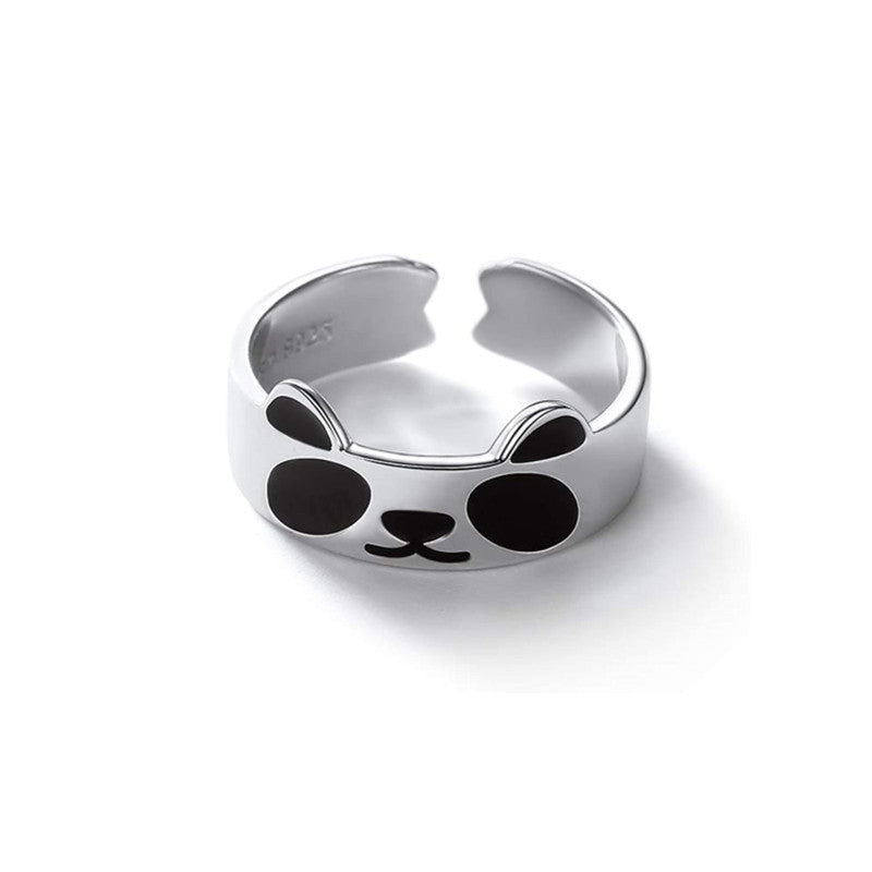 Womens Panda Ring Adjustable Open Copper Ring With Black Oil Drip Enamel Unique Animal Jewelry Environment Friendly