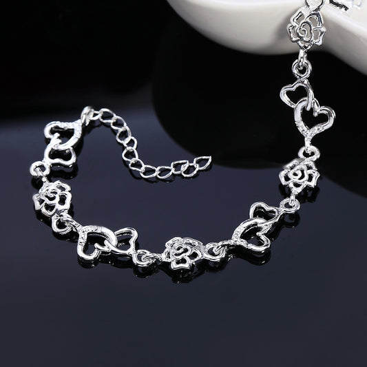 Silver Plated Heart Bracelet Rose Flower Design Copper Jewelry For Women Romantic Anniversary Gift Silver Tone