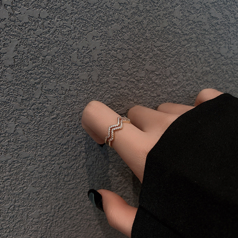 Adjustable Double Layer Wave Ring Gold Copper Curve Design For Women Trendy Korean Inspired Fashion Jewelry Accessory