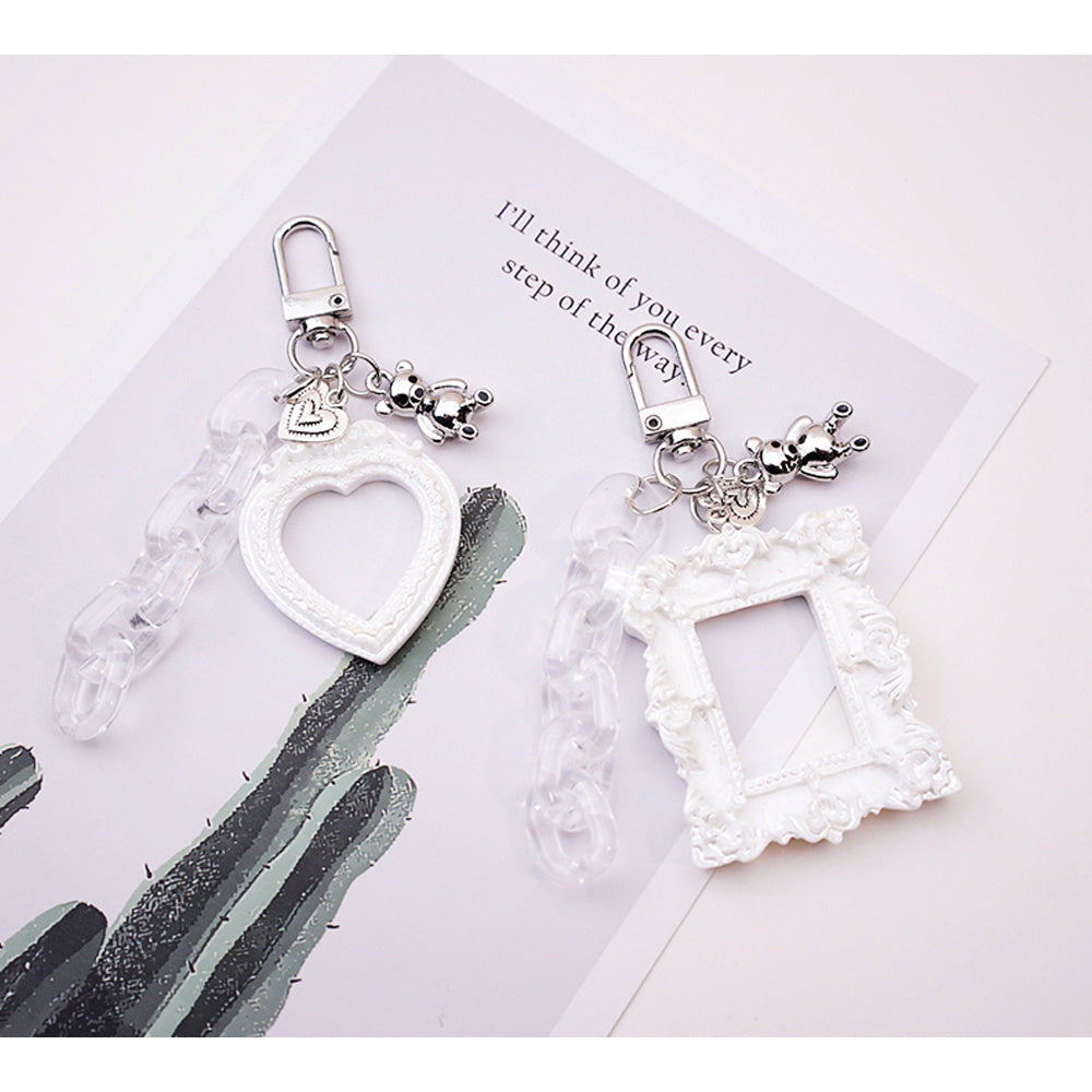 Womens Aluminum Alloy Photo Frame Keychain Pendant Embossed Love Rectangle Design Cute Fashion Accessory Everyday