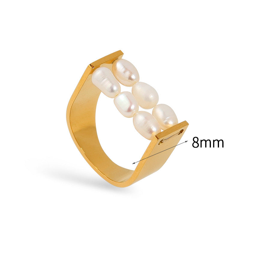 Titanium Steel Ring Double Stacked Irregular Rectangular Design With Leaf And Stars Accents White Pearl Finish