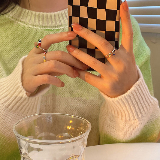 Womens Adjustable Crystal Beaded Ring Copper Band With Plant Flower Design Electroplated Fashion Jewelry Rings