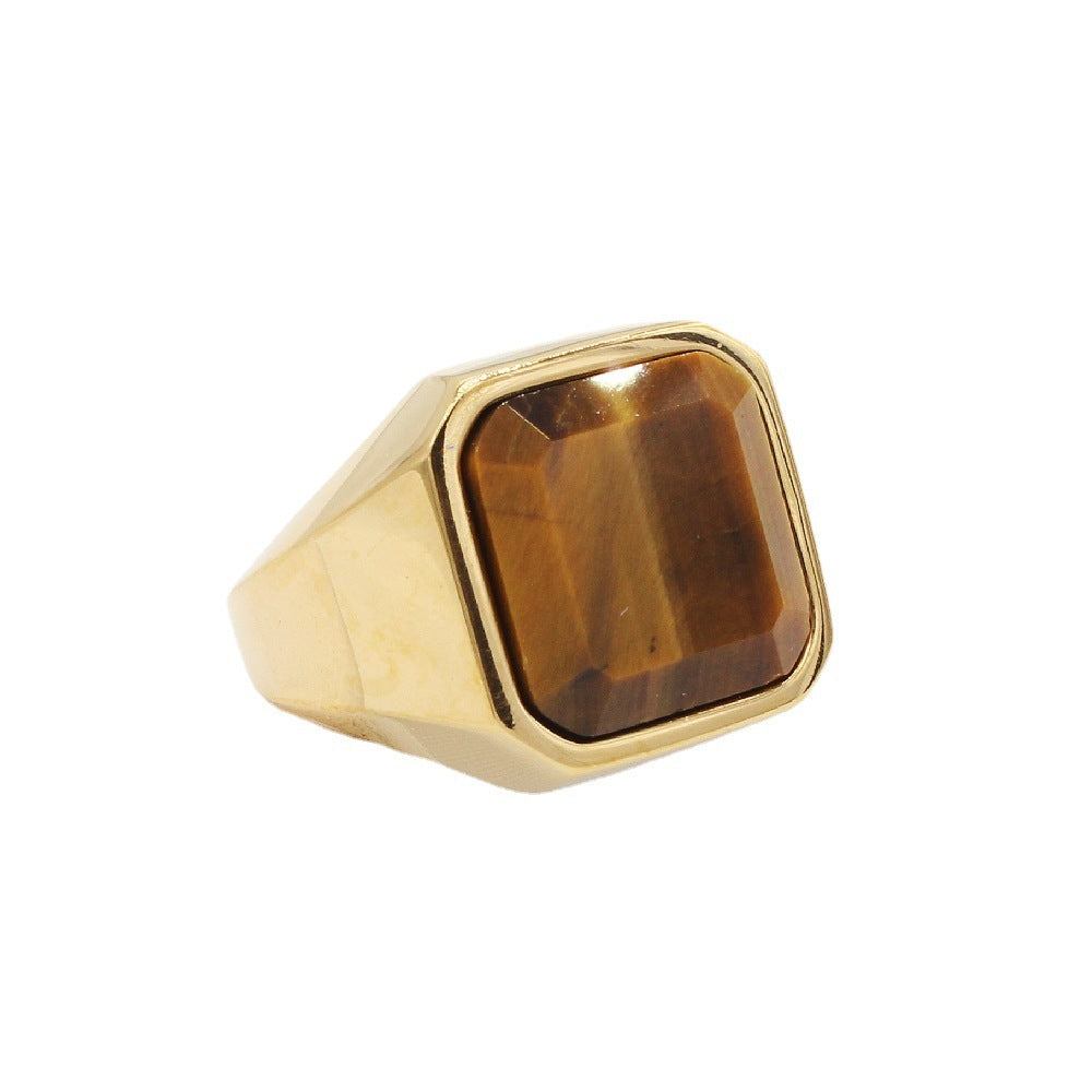 Durable Titanium Steel Ring With Square Tiger Eye Gemstones For Fashion Accessory And Daily Wear Mens Everyday